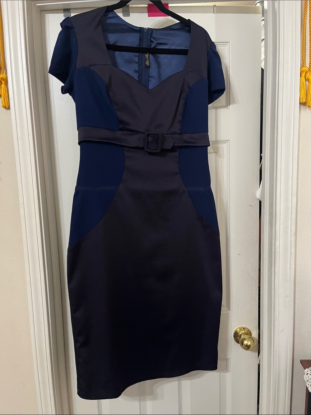 Navy Colorblock Belted Midi Dress